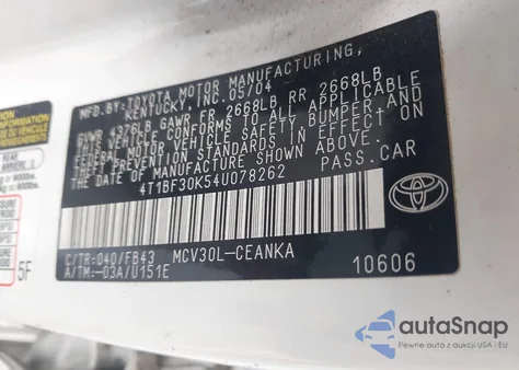 2004 Toyota Camry Le V6 из США, поврежденный, VIN 4T1BF30K54U078262